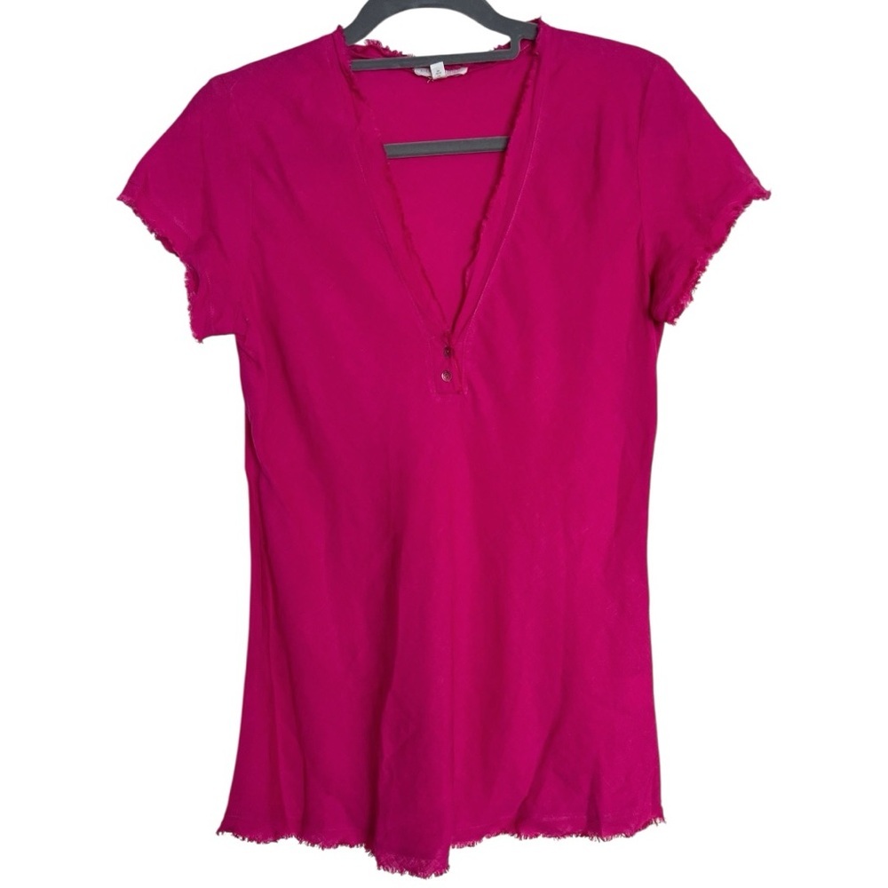 Eileen Fisher 100% Irish Linen Short Sleeve Fringe Trim Tee Small Bright Pink